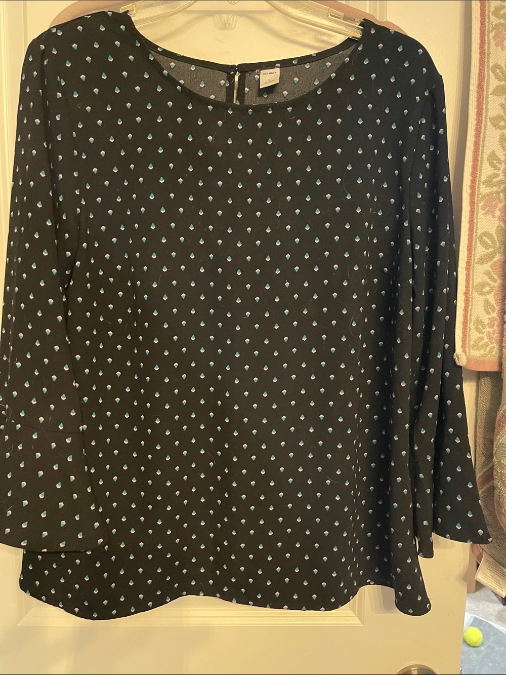 Old Navy Black Blouse with Light Blue Dot Print